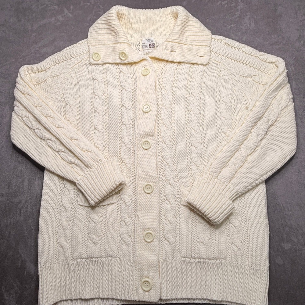 VTG Sears Cardigan Sweater Womens Large Cream Cable Knit Shawl Collar Fisherman